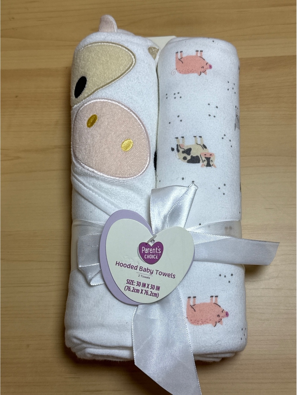 NWT- Parent's Choice Hooded Baby Towels 2-Pack with Cow and Farm Animal Designs